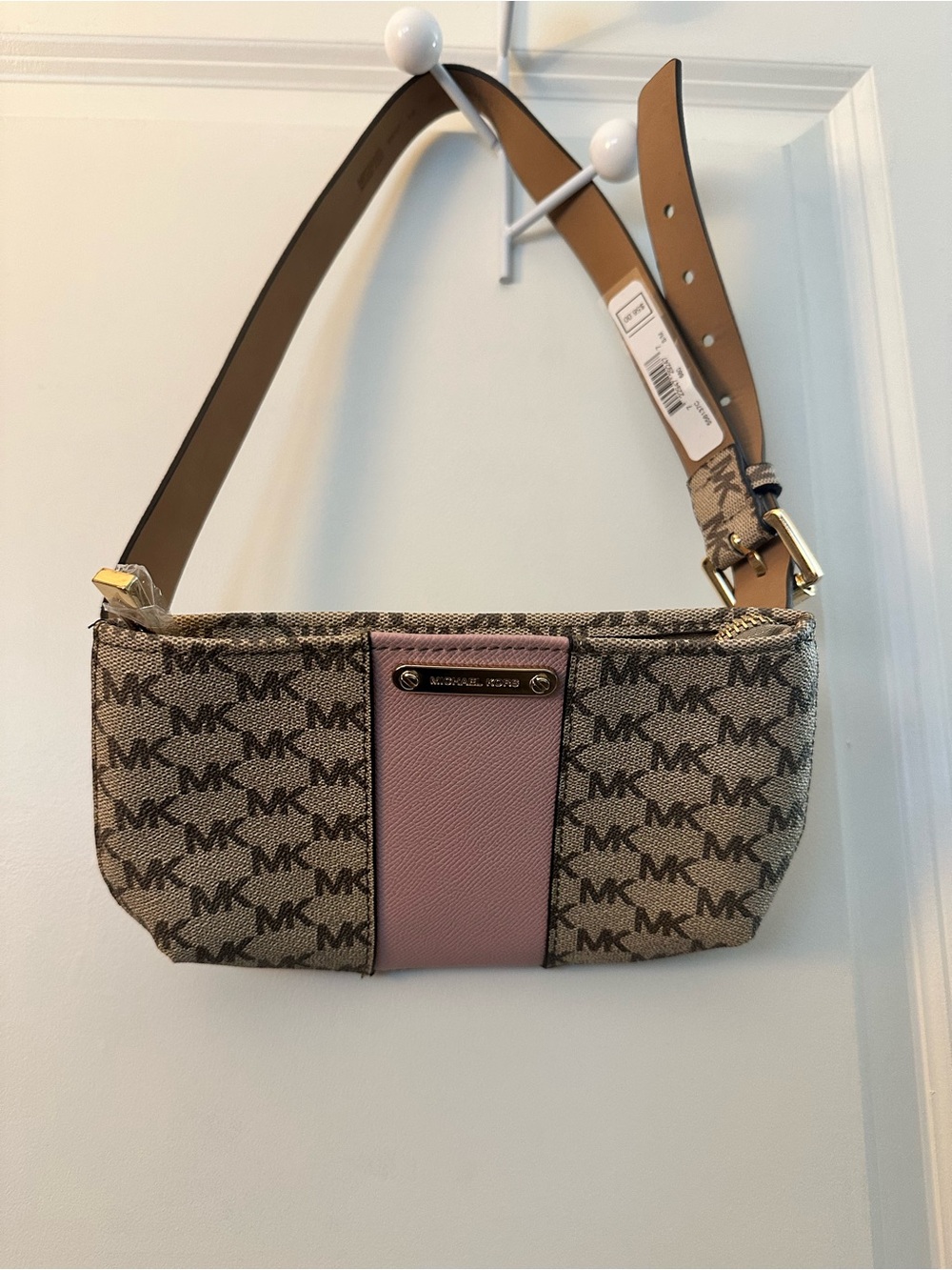 Michael Kors Beige MK Logo Crossbody with Pink Stripe
